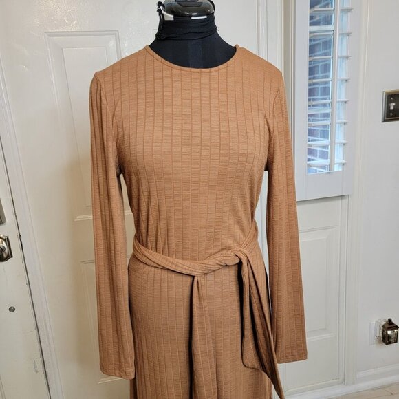 Topshop Tan Ribbed Long Sleeve Midi Dress with Waist Tie | Size 10 - Picture 6 of 12
